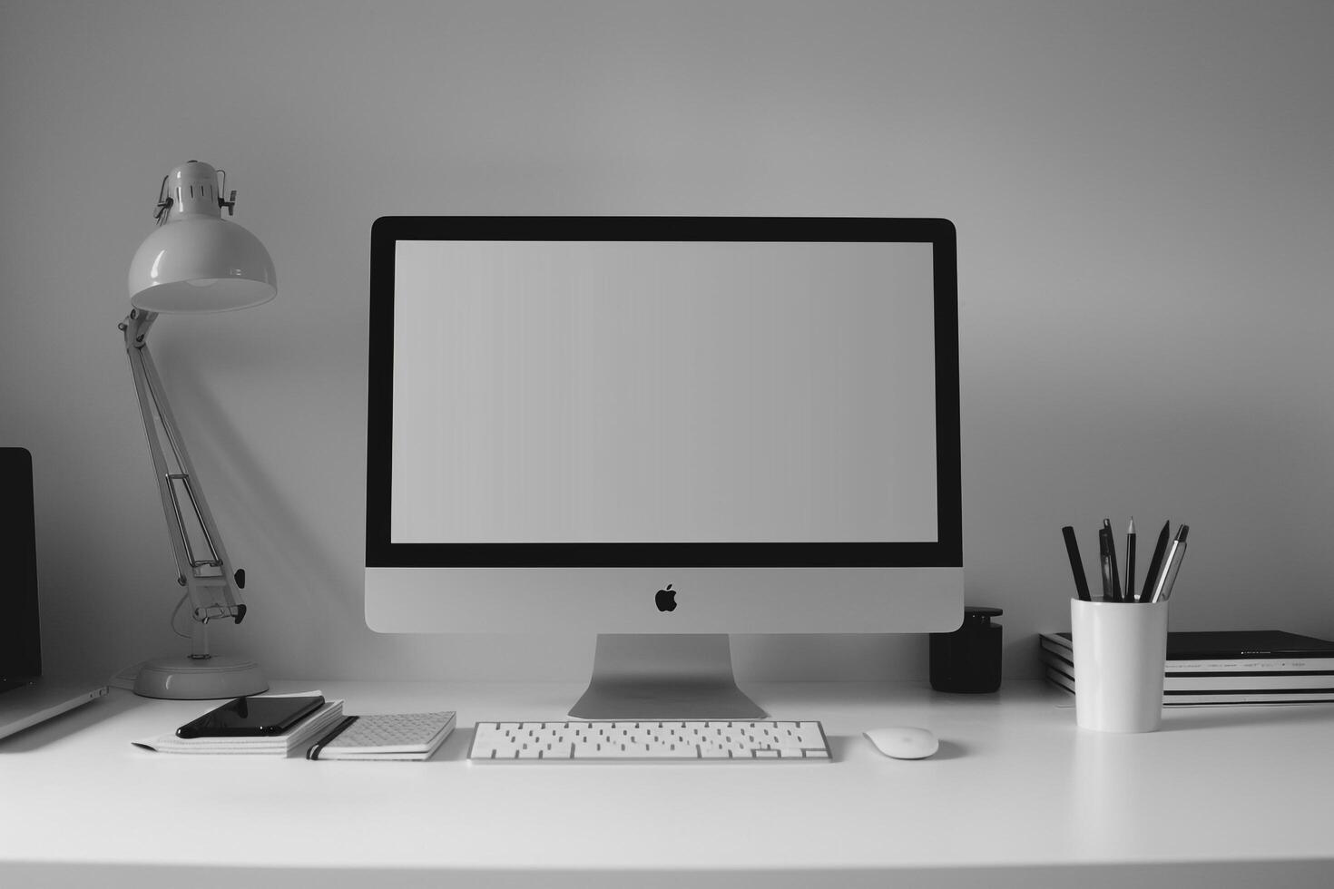 Computer Mockup Featuring Notebooks and Pens on White Desk for Writing and Editing photo