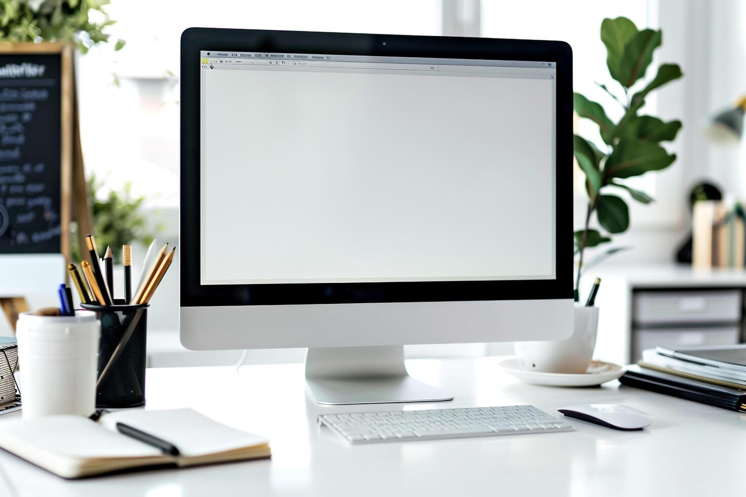 Computer Mockup with Notebooks and Pens on White Desk for Writing and Editing photo