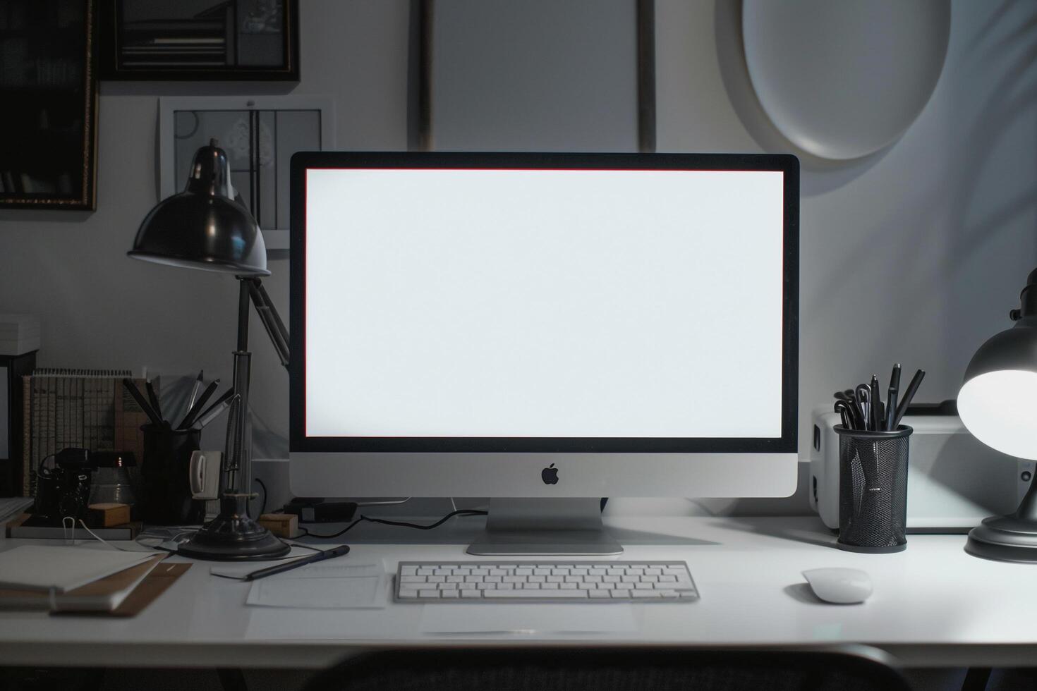 Computer Mockup on White Desk with Notebooks and Pens for Writing and Editing photo