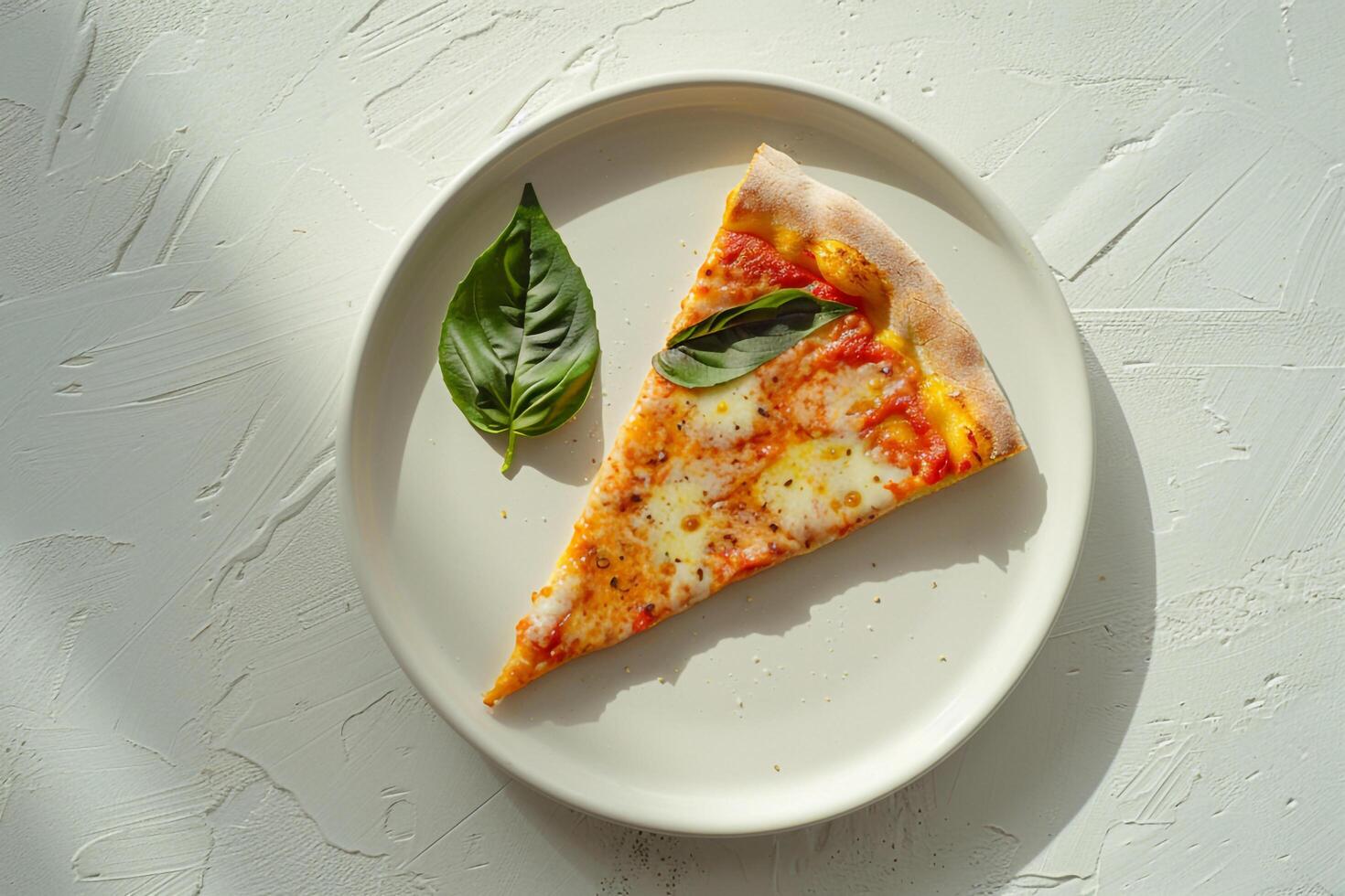 Single slice of margherita pizza white plate textured background photo