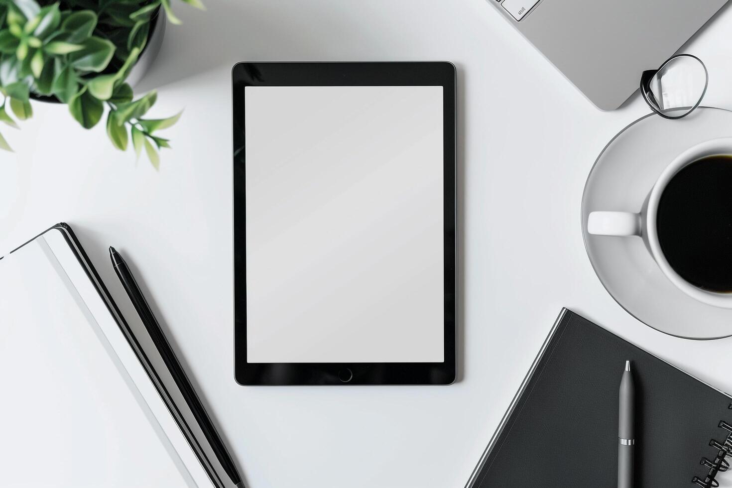 Desktop setup featuring a tablet mockup white top photo