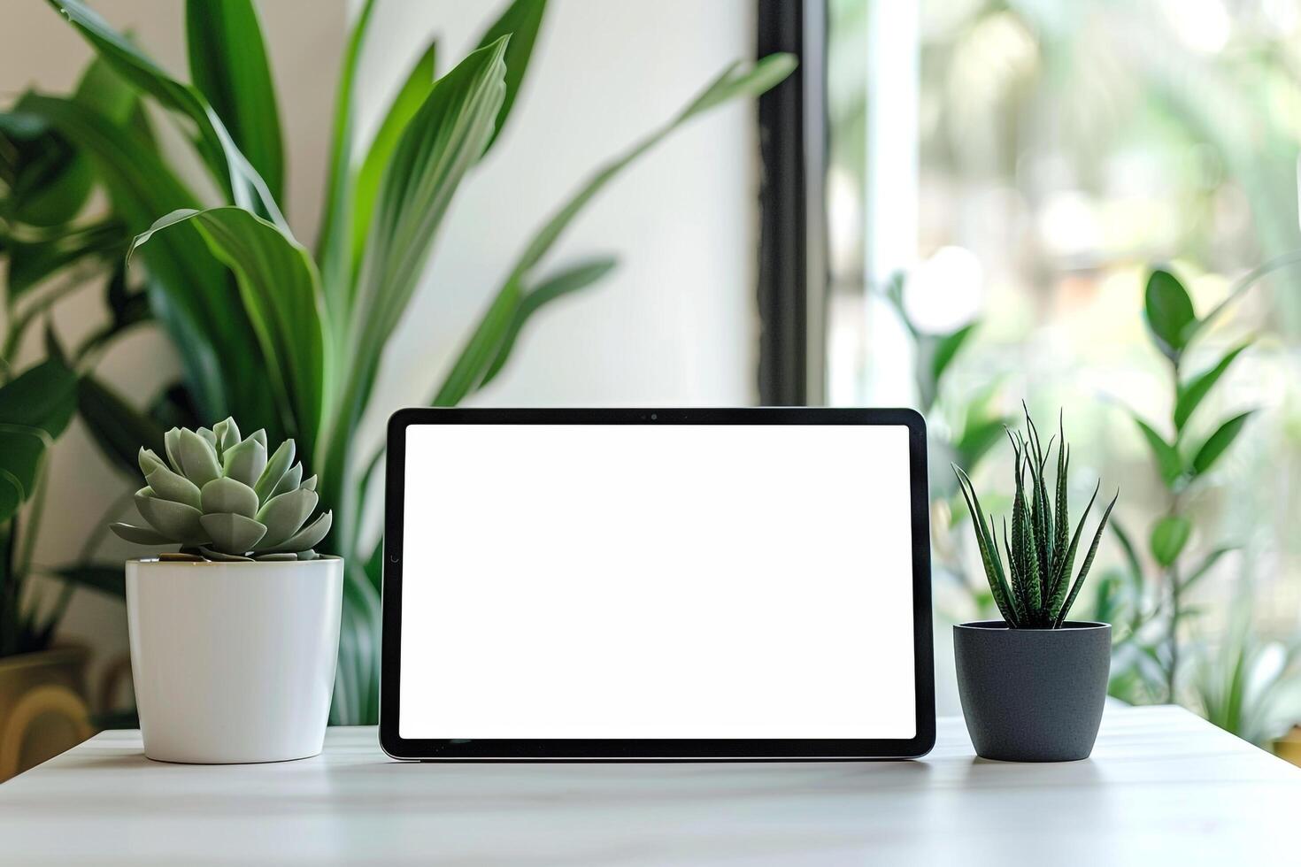 Tablet Mockup Featuring   White Surface and   Design photo