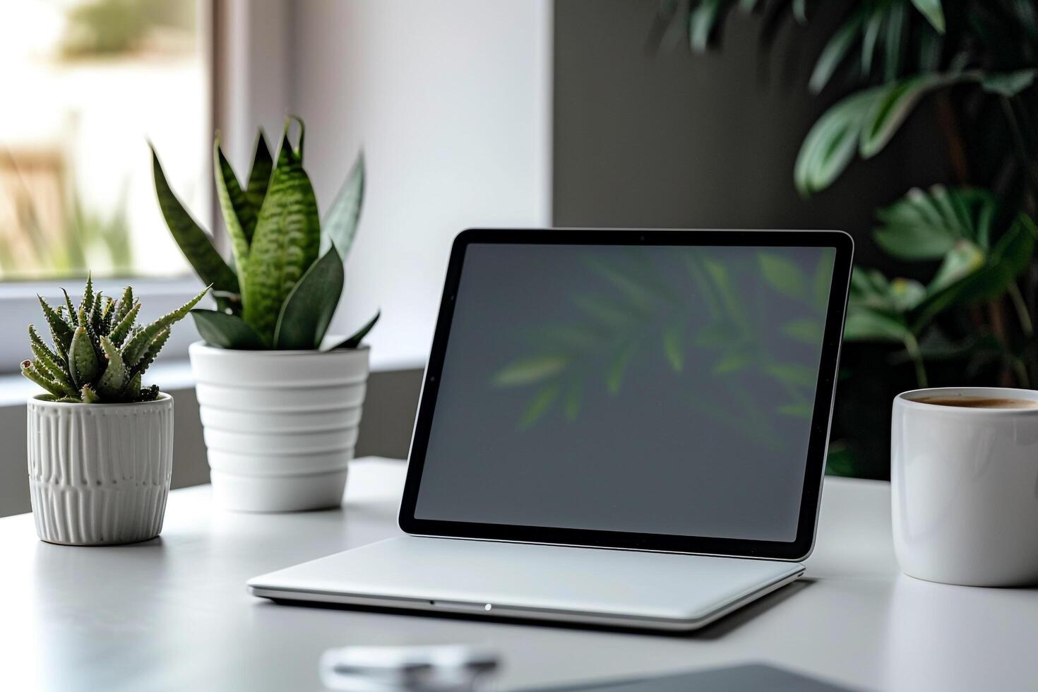 Tablet Mockup on   White Surface with   Tech Appeal photo