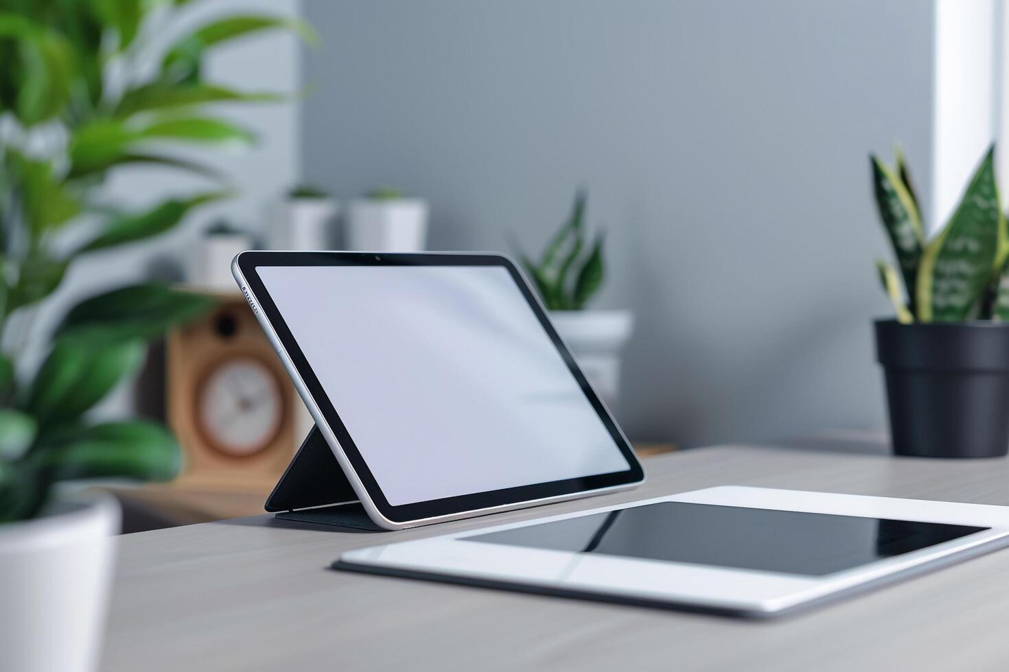 White Tablet Mockup on Sleek Surface for Digital Presentation photo