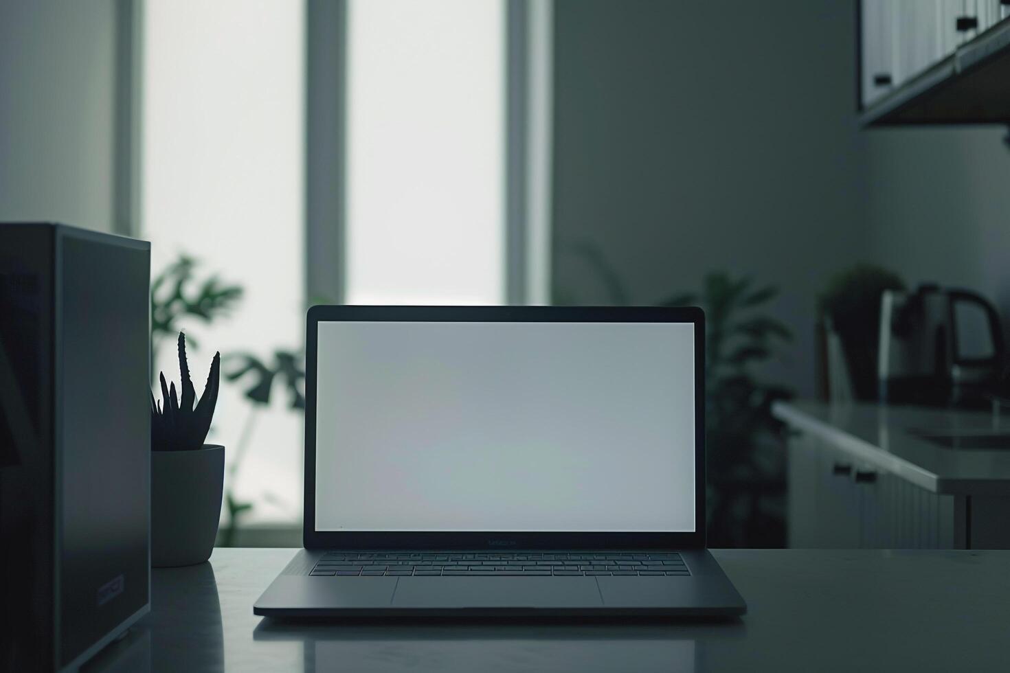High Tech Laptop Mockup on   White Surface for Digital Presentations photo