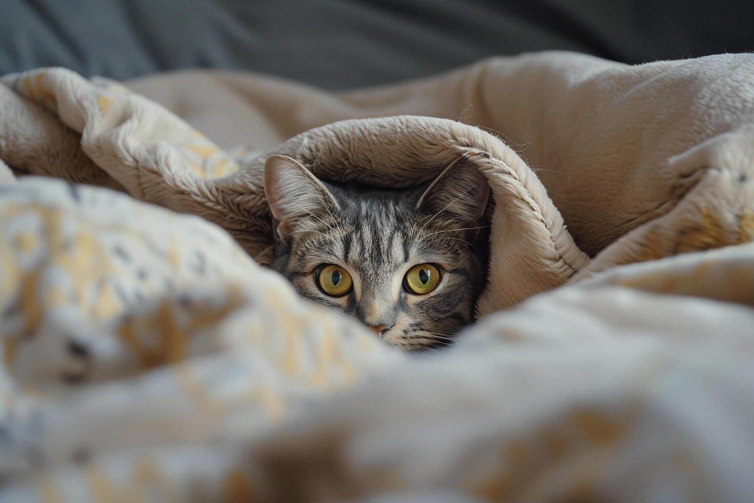 Gray tabby cat peeking from be h a blanket ready to engage with a toy background photo