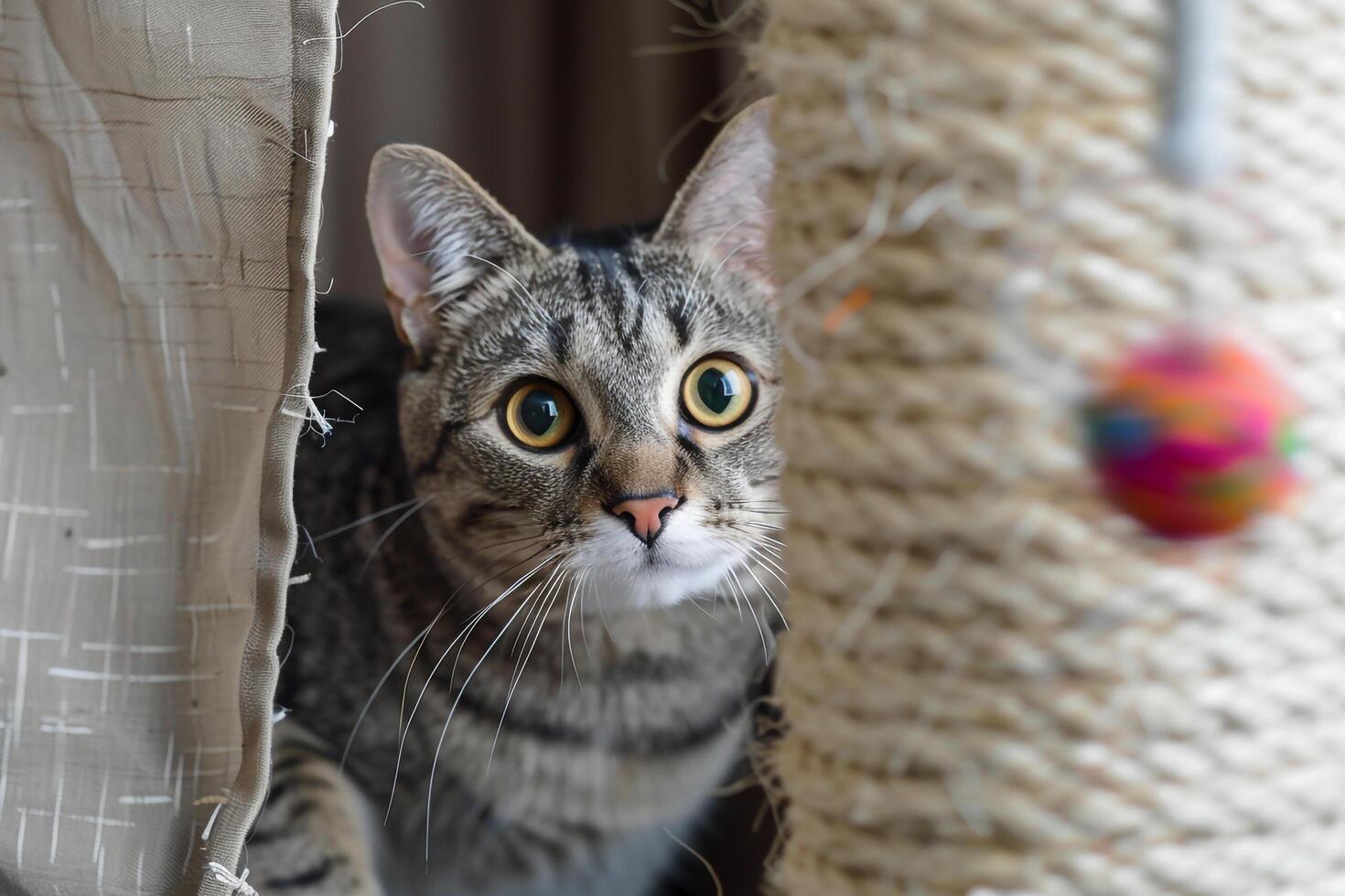Gray tabby cat peeking from behind a curtain aiming for a dangling toy background photo