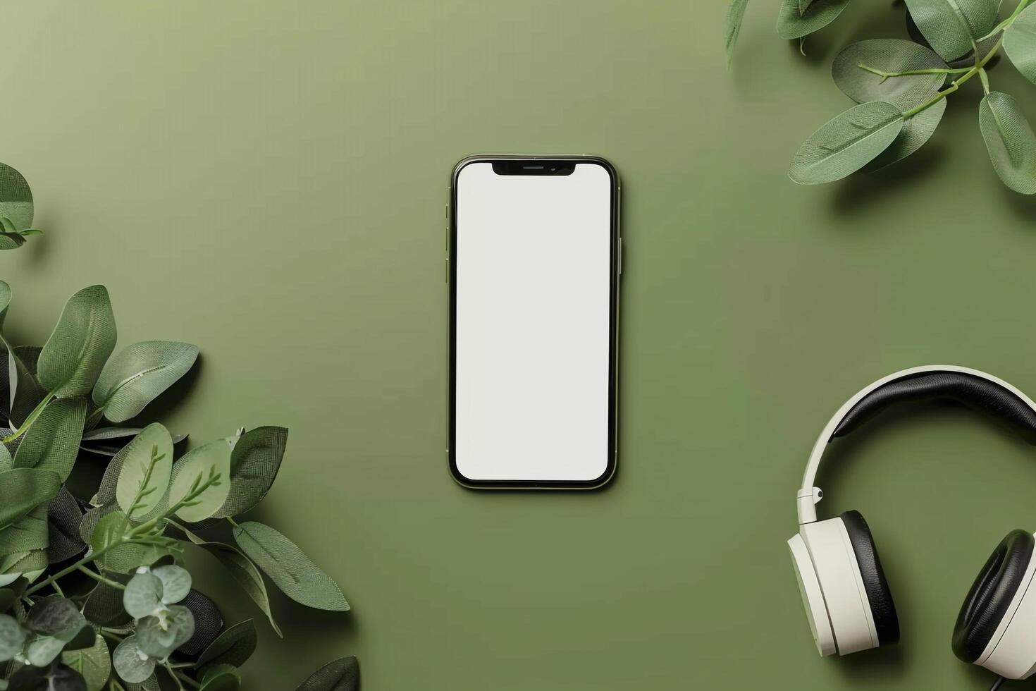 Mobile phone mockup screen and headphones on a deep olive background photo