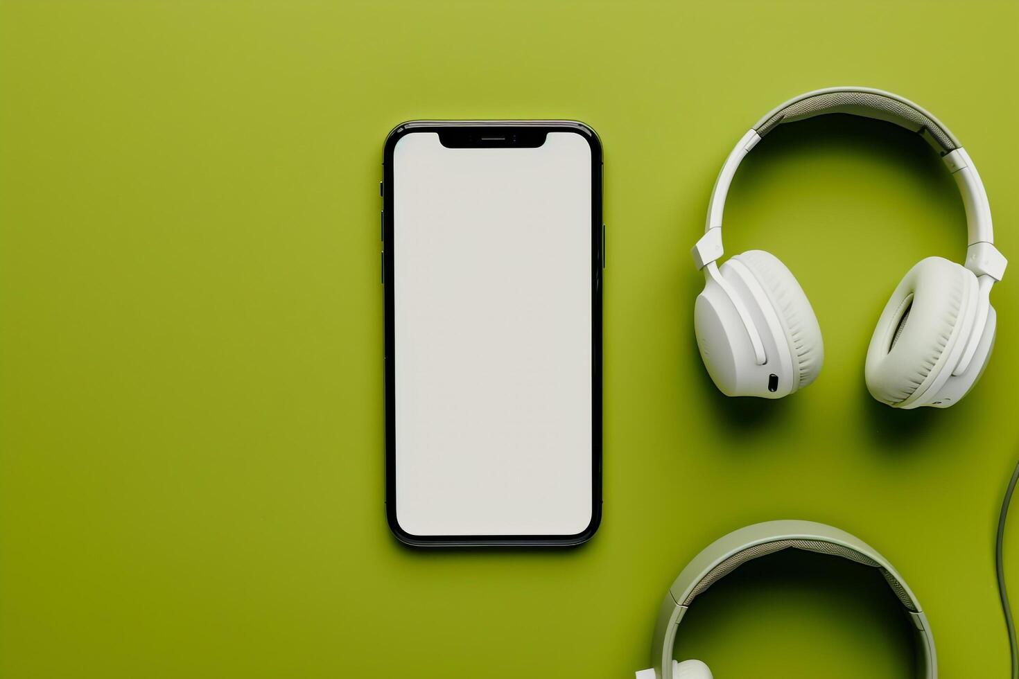 Mobile phone mockup screen with headphones on an olive toned background photo