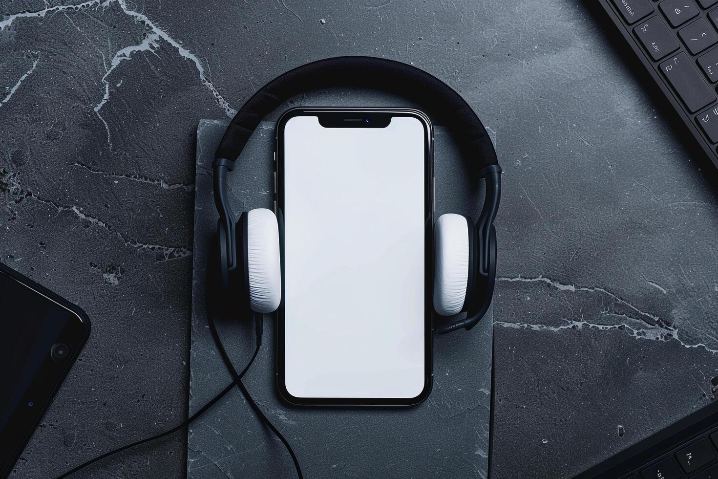 Mobile phone mockup screen and headphones on a smooth slate background photo