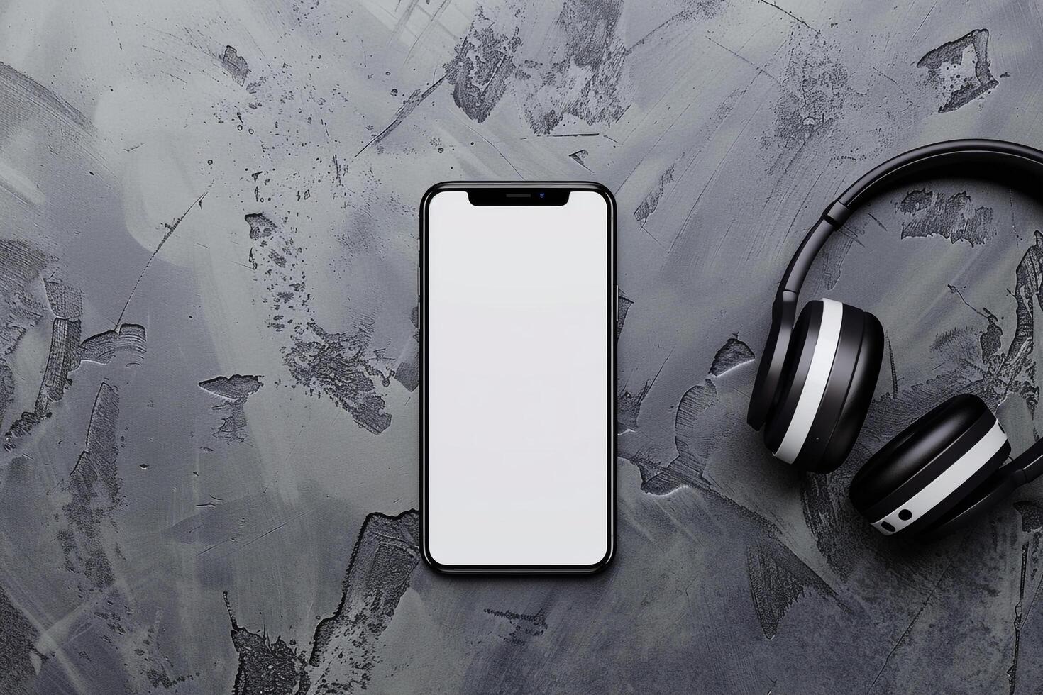 Mobile phone and headphones mockup on a textured graphite surface photo