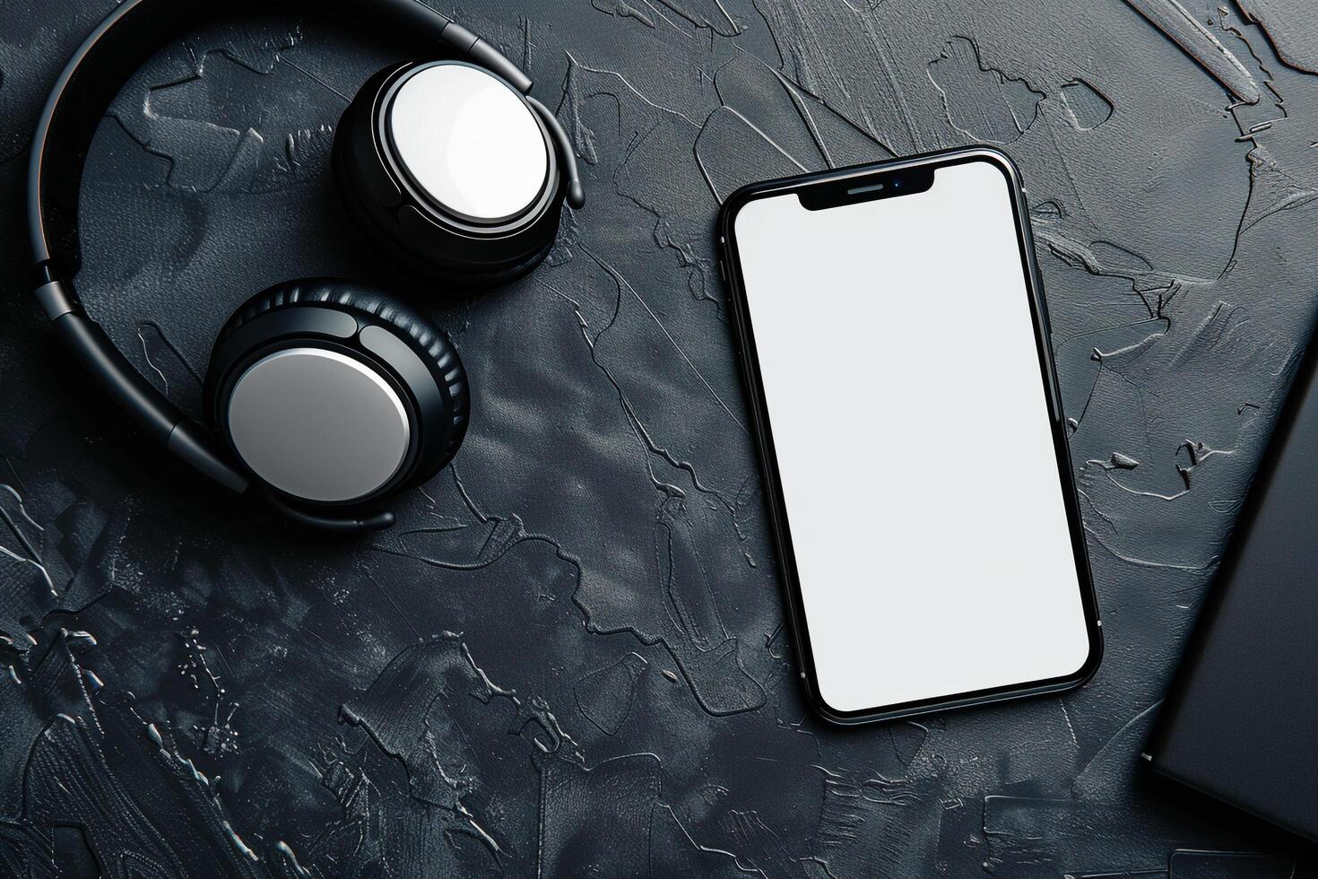 Mobile phone and headphones mockup on a textured graphite surface photo