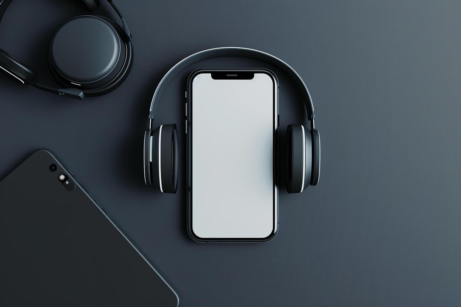 Mobile phone mockup with screen and headphones on a gray  Background photo