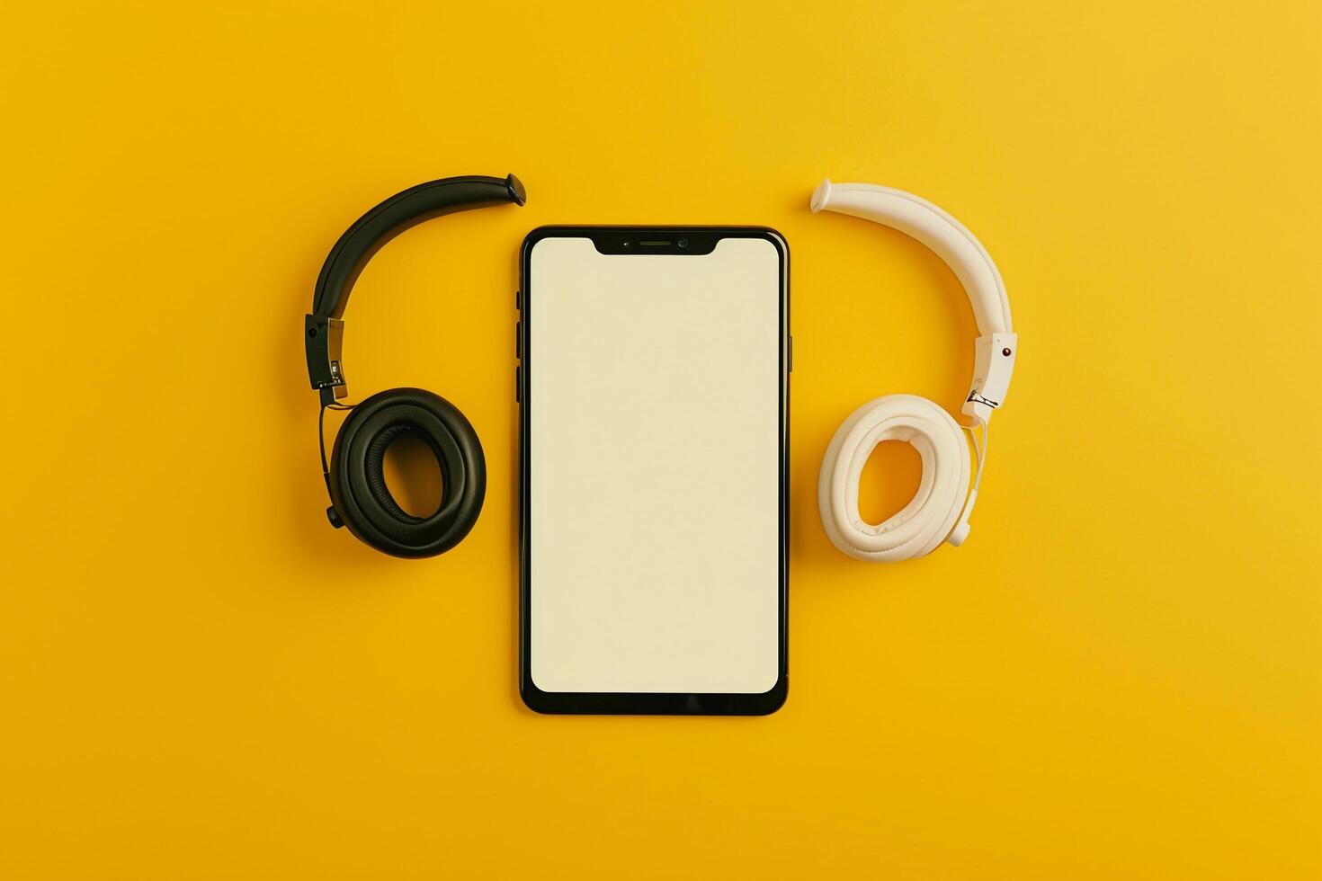 Mobile Device Mockup Screen and Headphones on Lemon Background photo