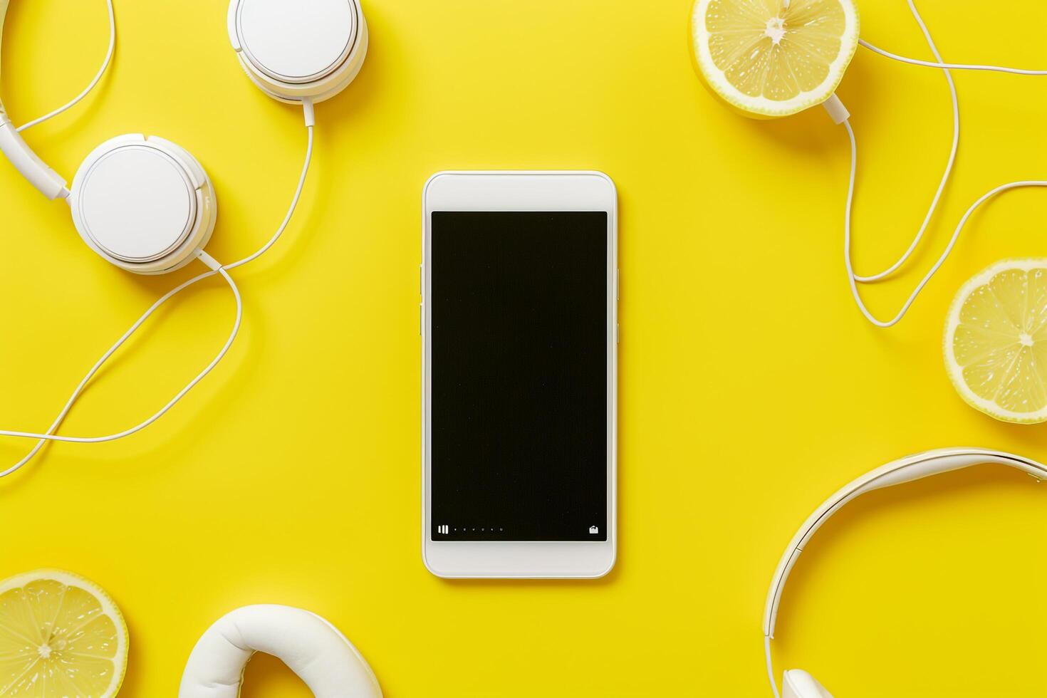 Mobile Device Mockup Screen and Headphones on Lemon Background photo