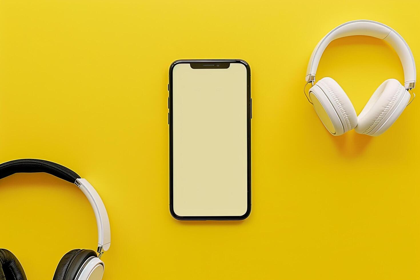 Mobile Device Mockup Screen and Headphones on Lemon Background photo