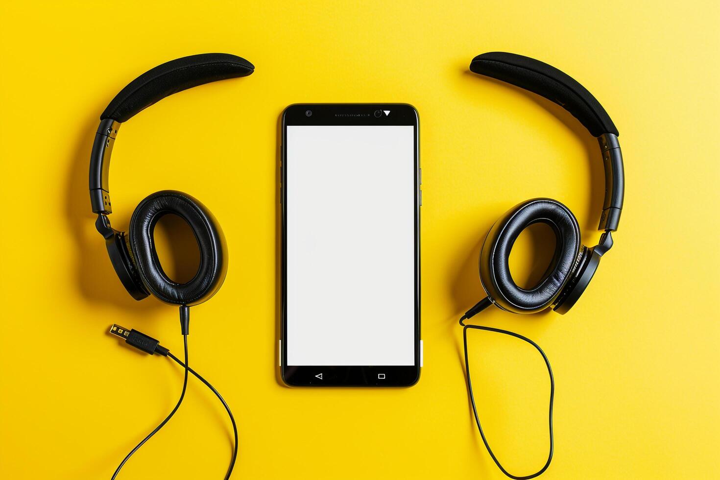 Mobile Device Mockup Screen and Headphones on Lemon Background photo
