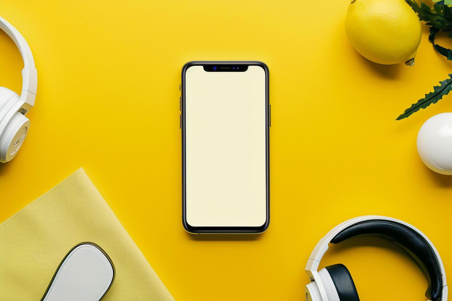Mobile Device Mockup Screen and Headphones on Lemon Background photo