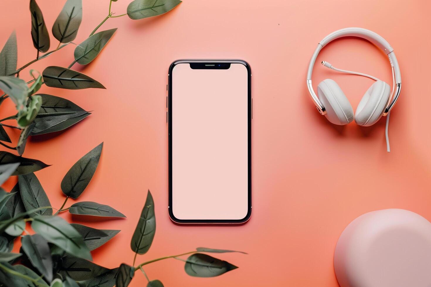 Mobile Device and Headphones on Desk Mockup photo