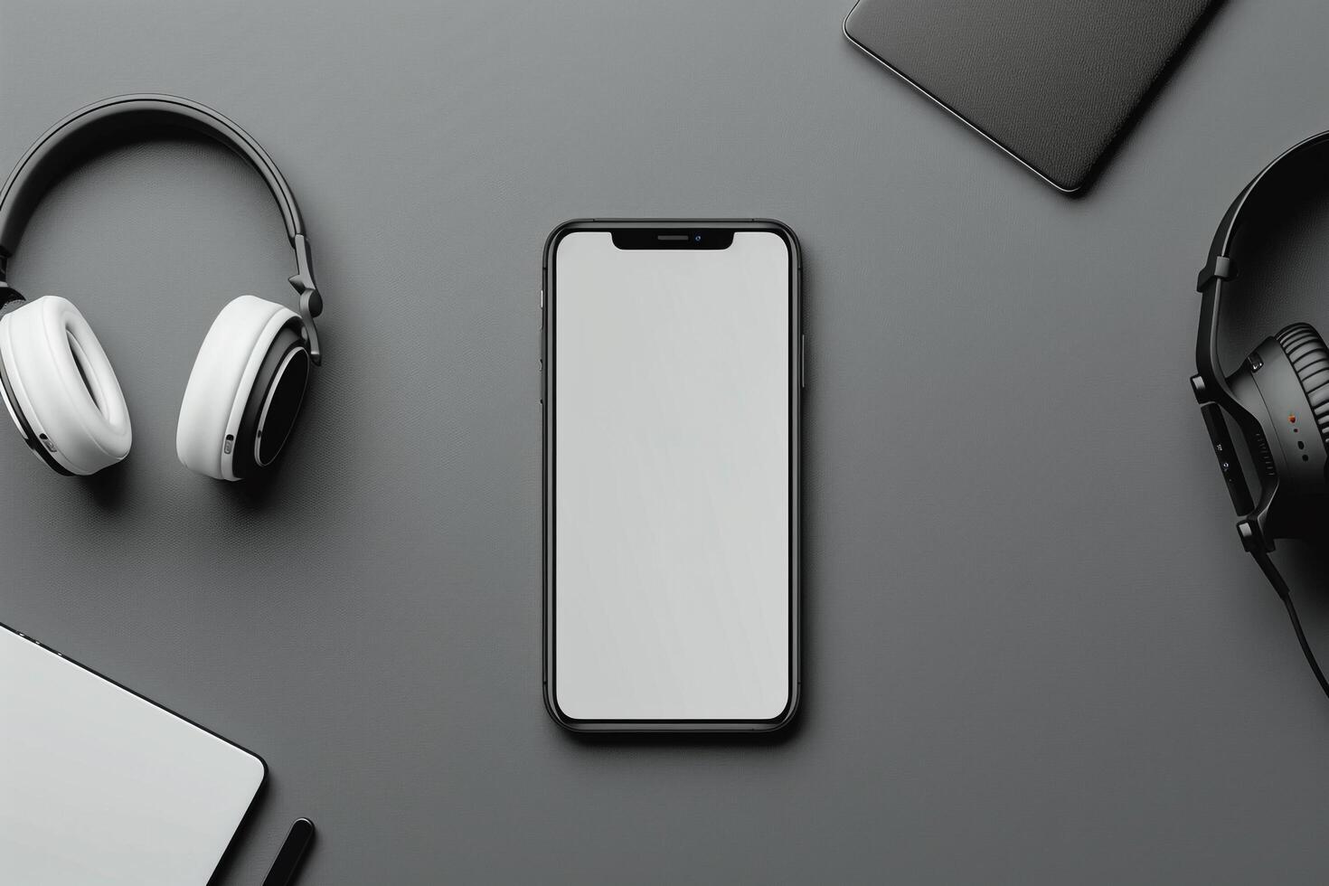 Mobile Device Mockup with Headphones on Desk photo