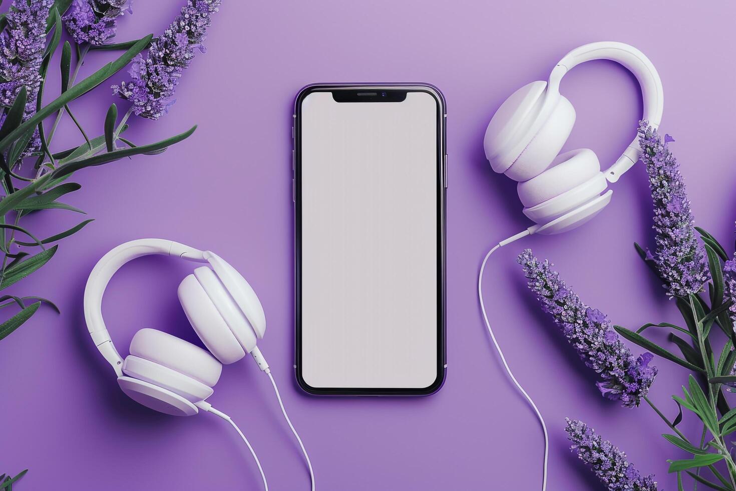 Mobile phone and headphones mockup with display screen photo