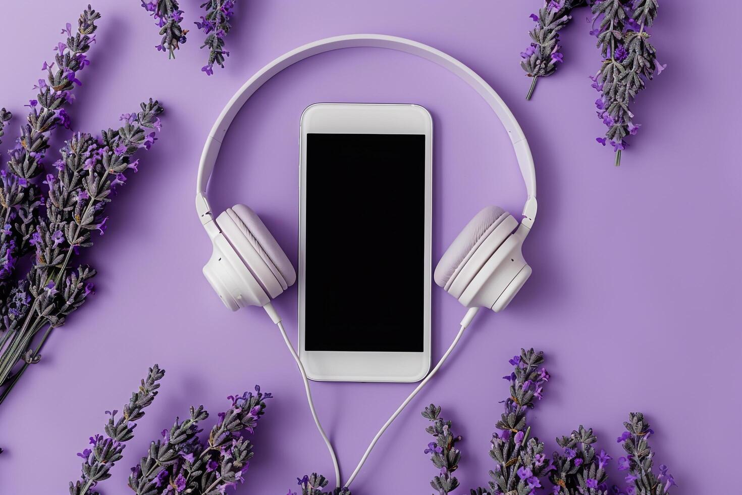 Mobile phone mockup with screen and headphones on table surface photo