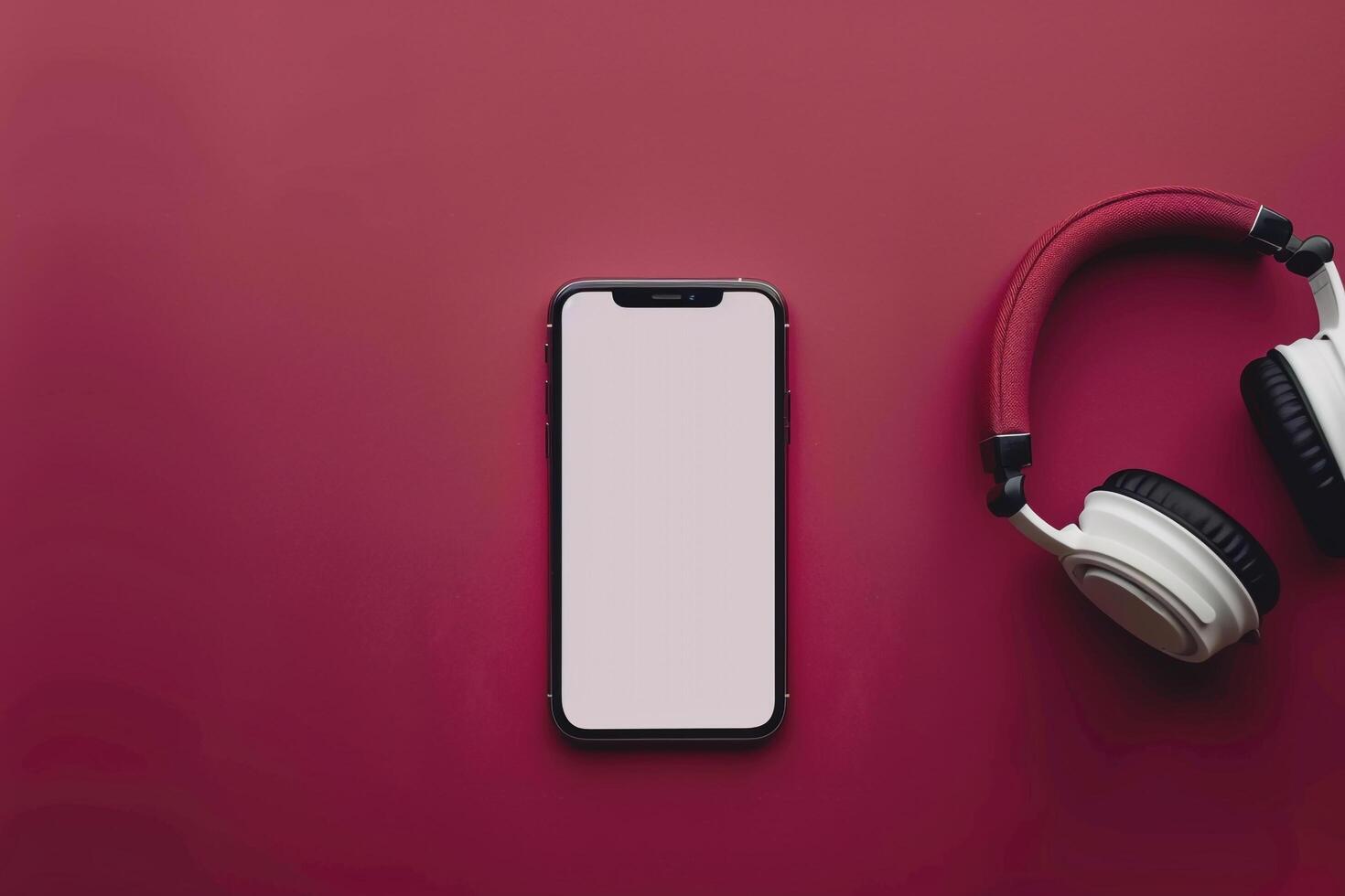 Mobile phone mockup screen and headphones on desk surface photo