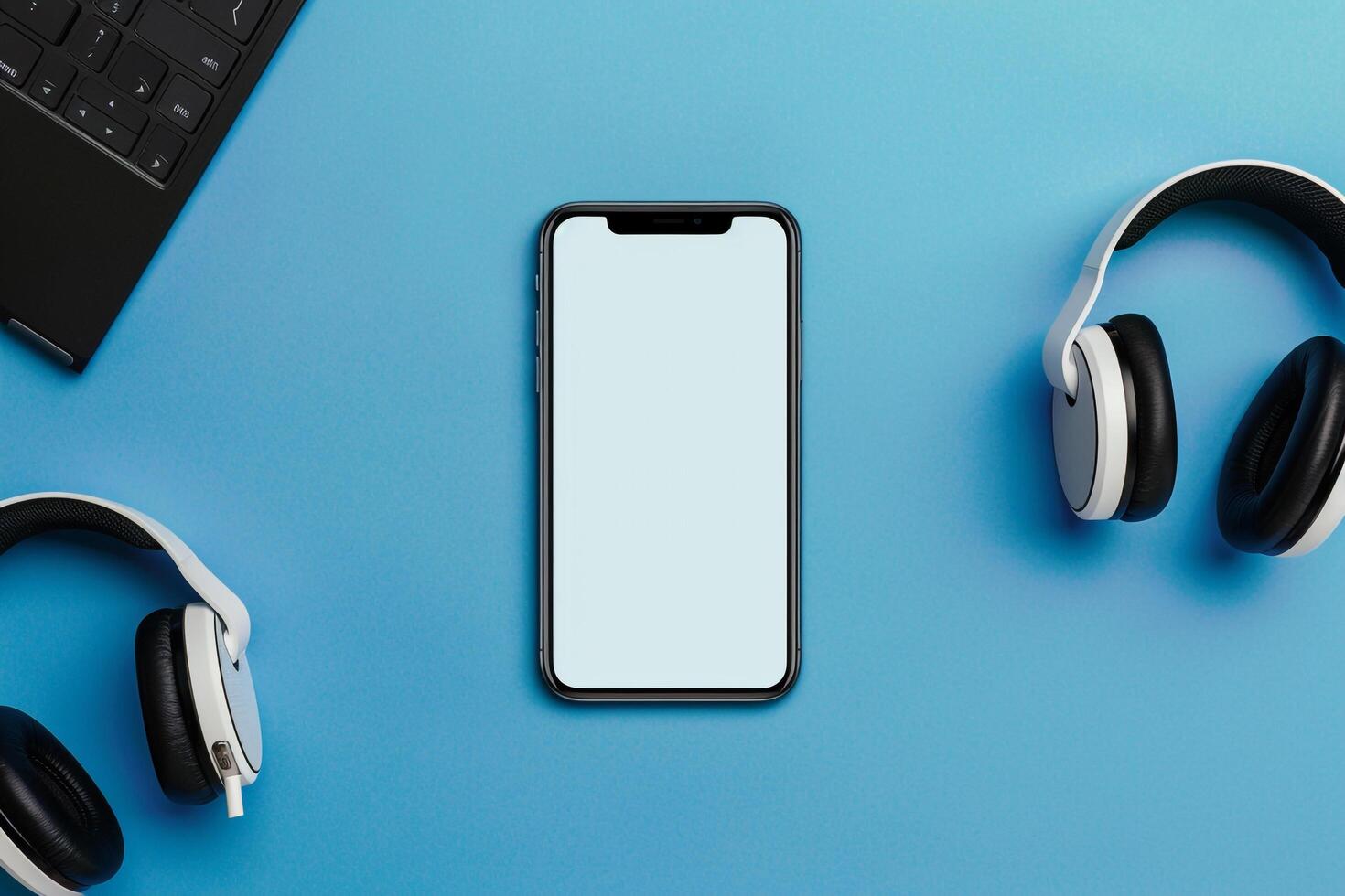 Mobile Phone Mockup with Stylish Headphones Setup photo