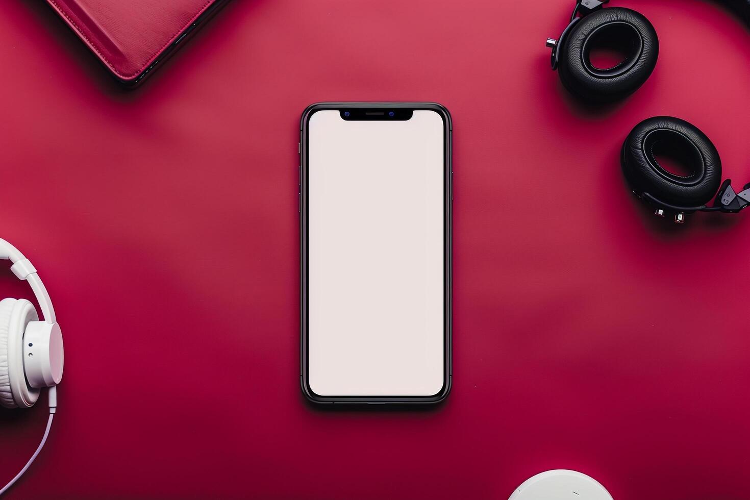 Mobile Phone Mockup with State of the Art Headphones photo