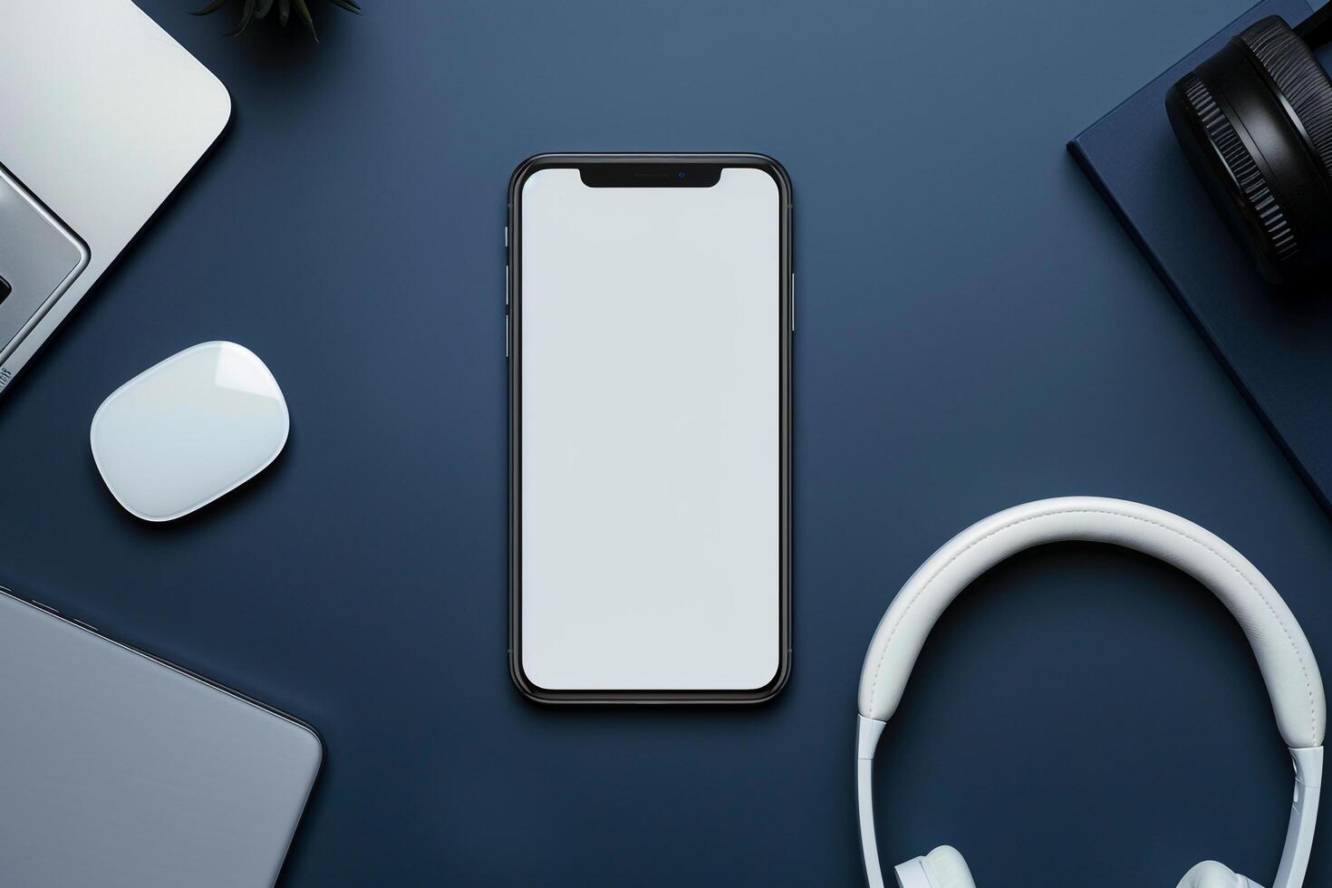 High End Mobile Phone Mockup with Sophisticated Headphones photo