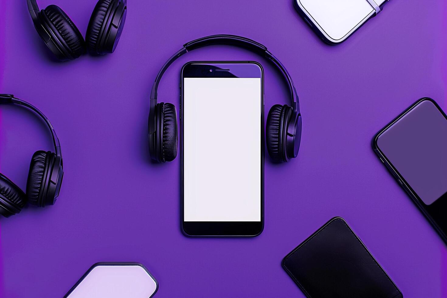 Mobile Phone Mockup Screen and Headphones  Tech Desk Background photo