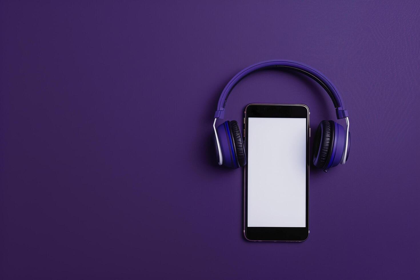 Mobile Phone Mockup Screen and Headphones  Desk Background photo