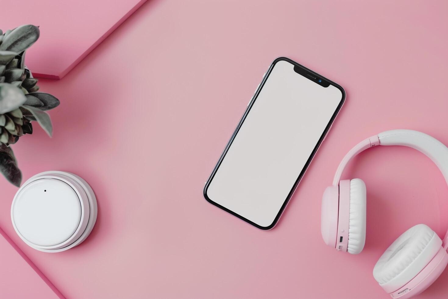 Mobile Device Mockup with Headphones in Business Environment Background photo