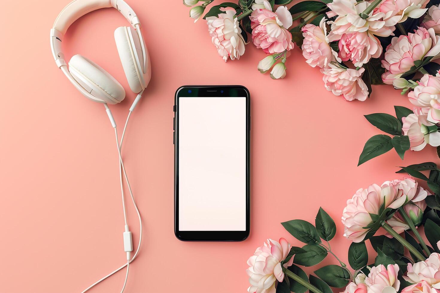 Mobile Device Mockup with Headphones in Technology Workspace Background photo