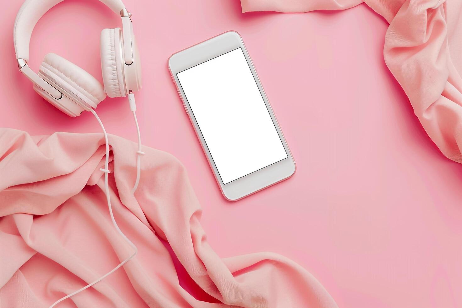 Mobile Device Mockup with Headphones in Home Workspace Background photo