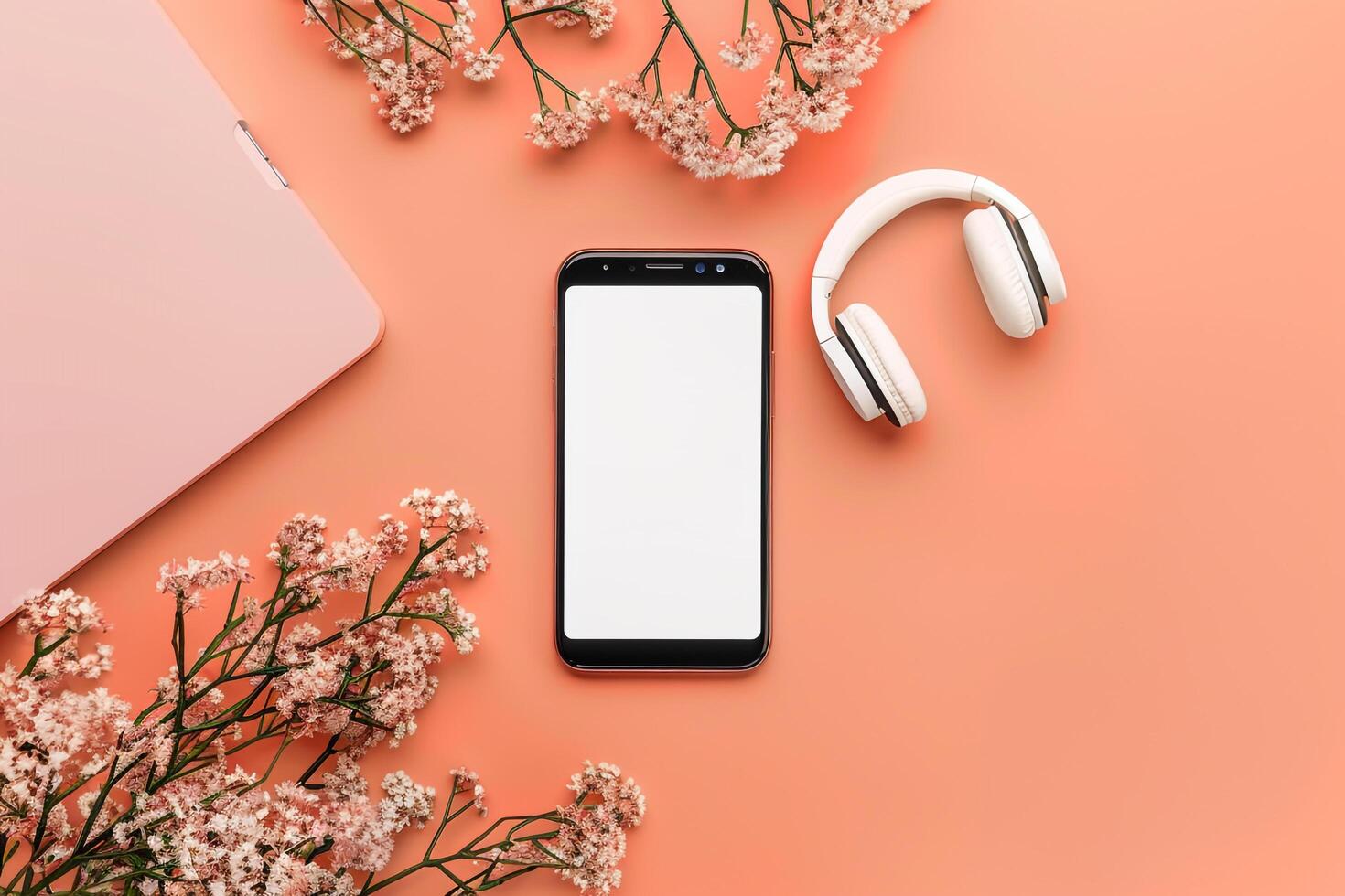 Mobile Device Mockup with Headphones in Study Environment Background photo