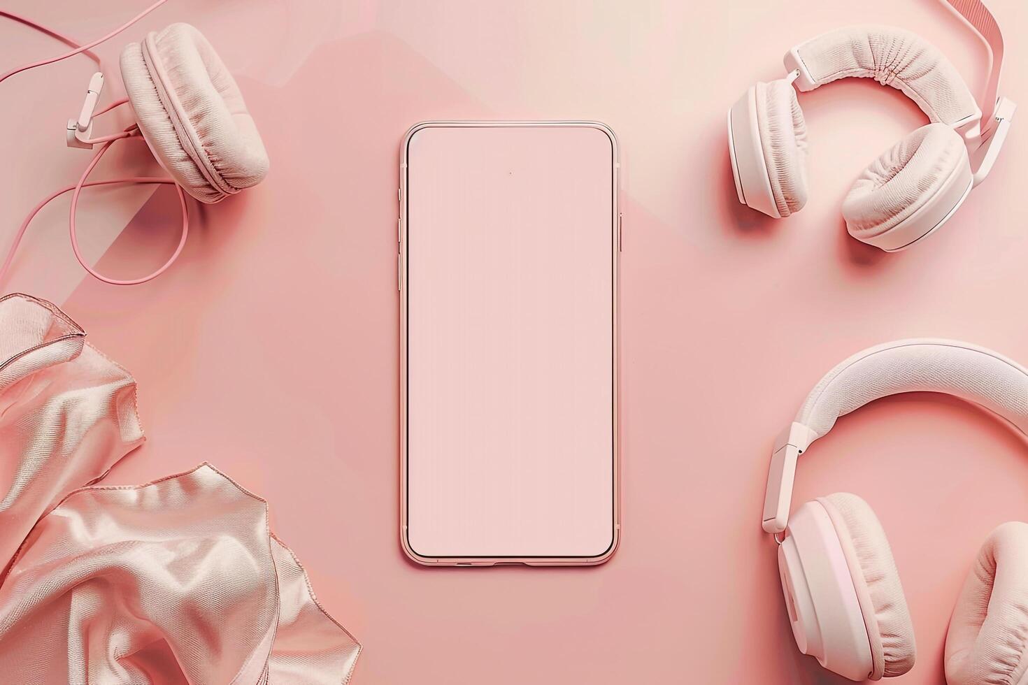 Mobile Device Mockup with Headphones in Home Office Environment Background photo