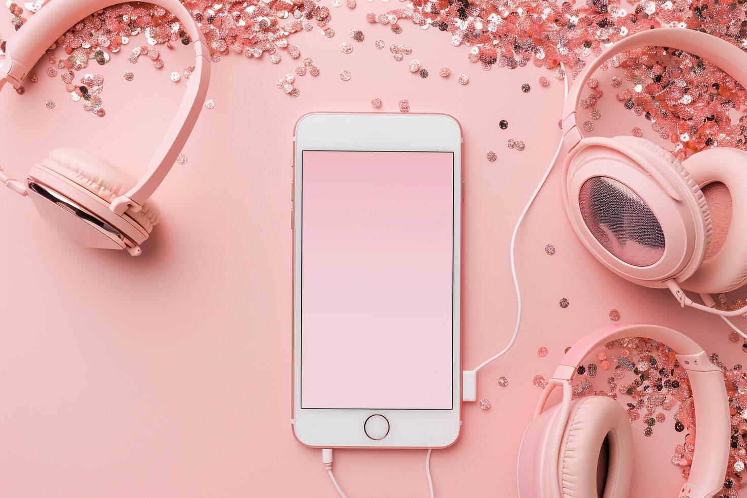 Mobile Device Mockup with Headphones in Remote Work   Background photo