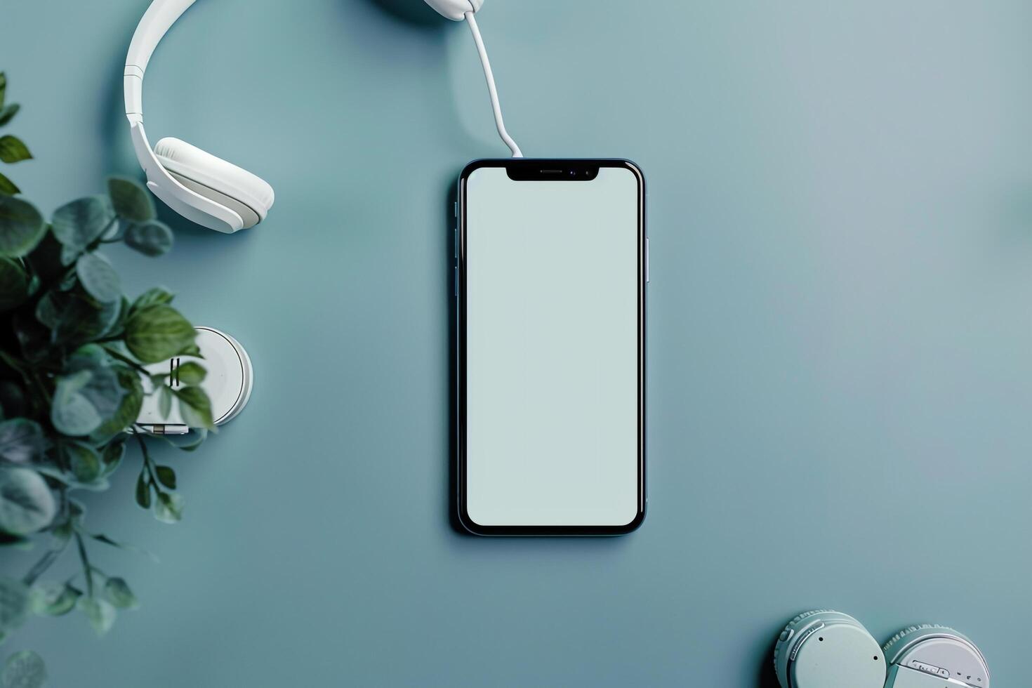 Mobile Device Mockup Screen with Headphones in Study Tech Space Background photo