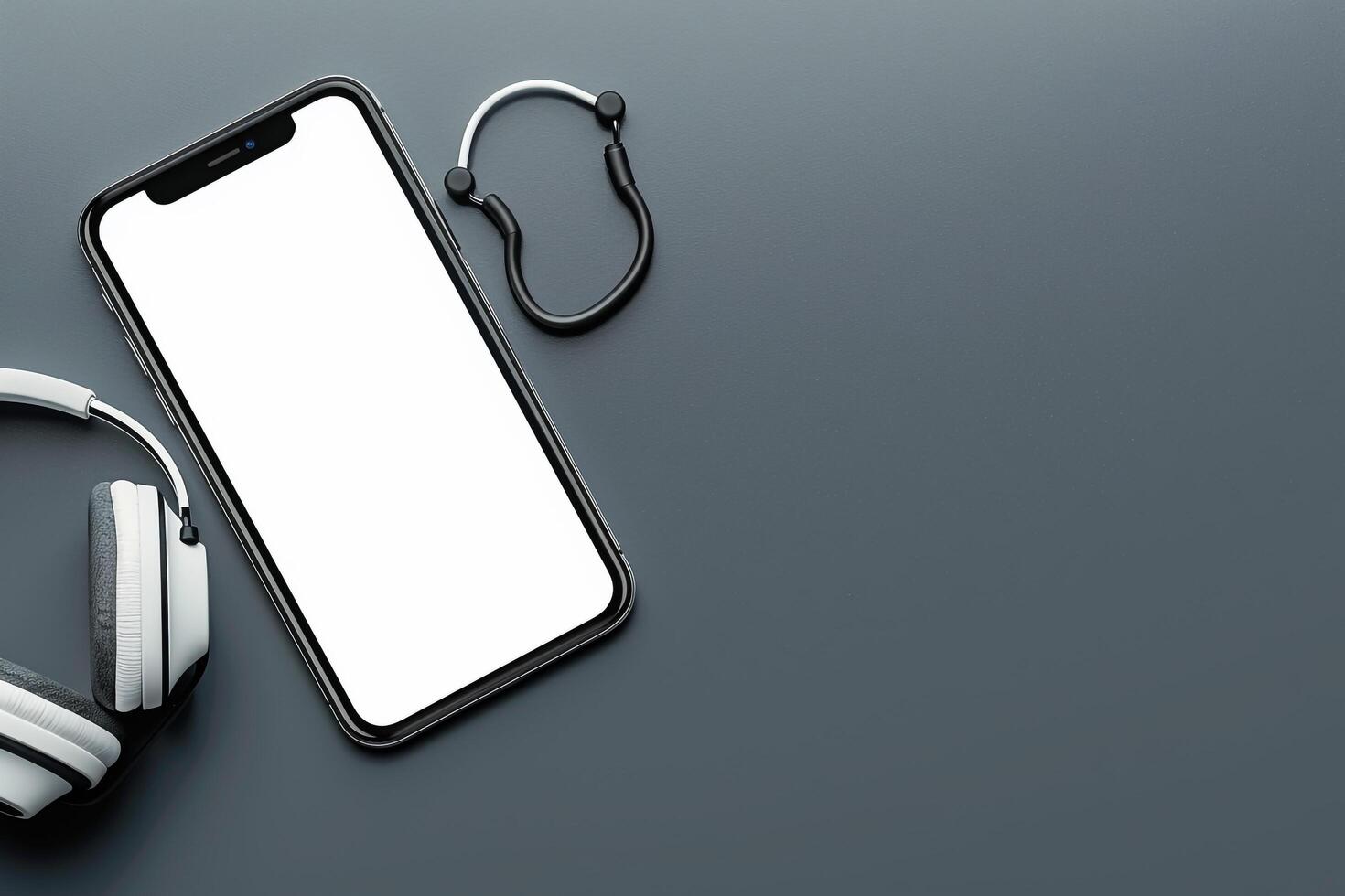 Mobile Device Mockup Screen with Headphones in Tech Workspace Background photo