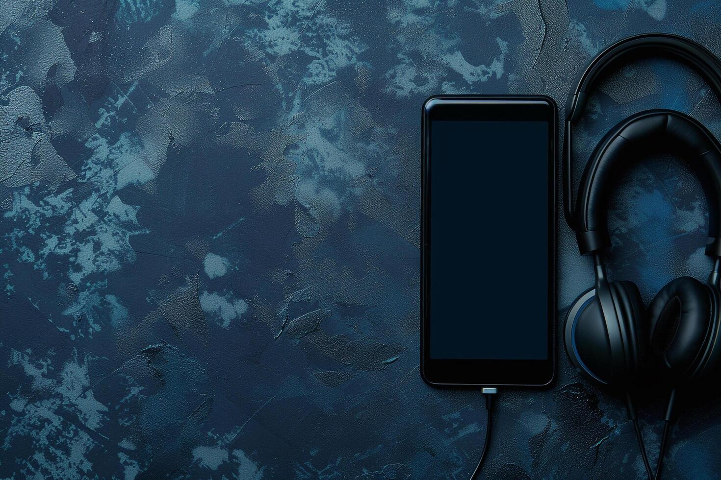 Mobile Device Mockup Screen with Headphones in Professional Tech Background photo