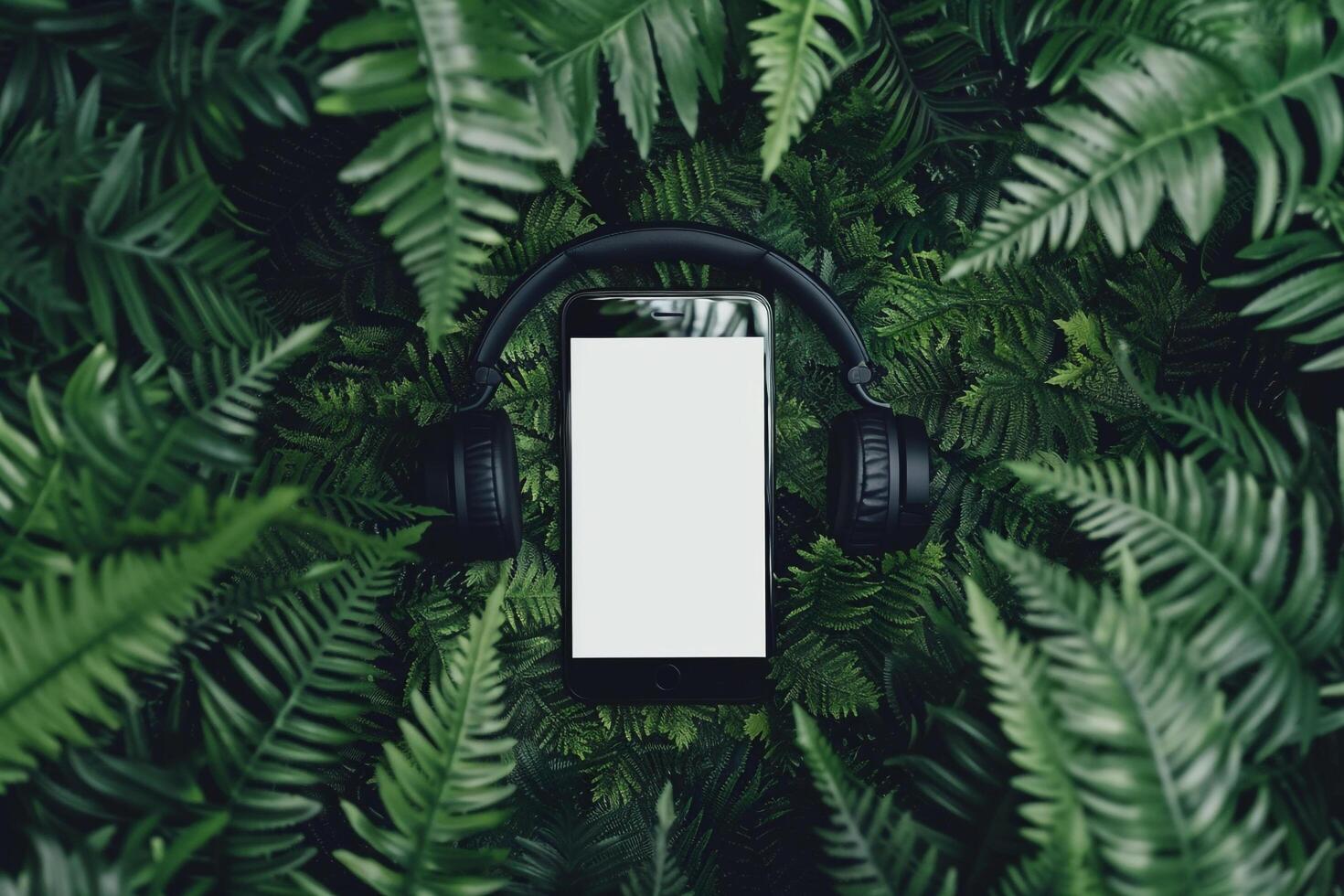 Mobile Device Mockup Screen and Headphones on Forest Floor Background photo