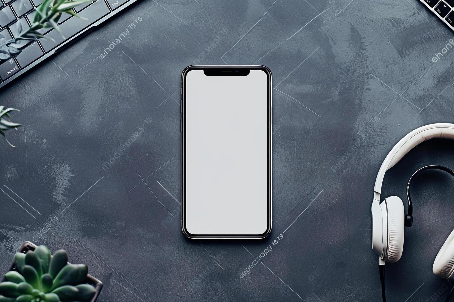 Mobile Device Mockup Screen with Headphones in Digital Tech Workspace Background photo