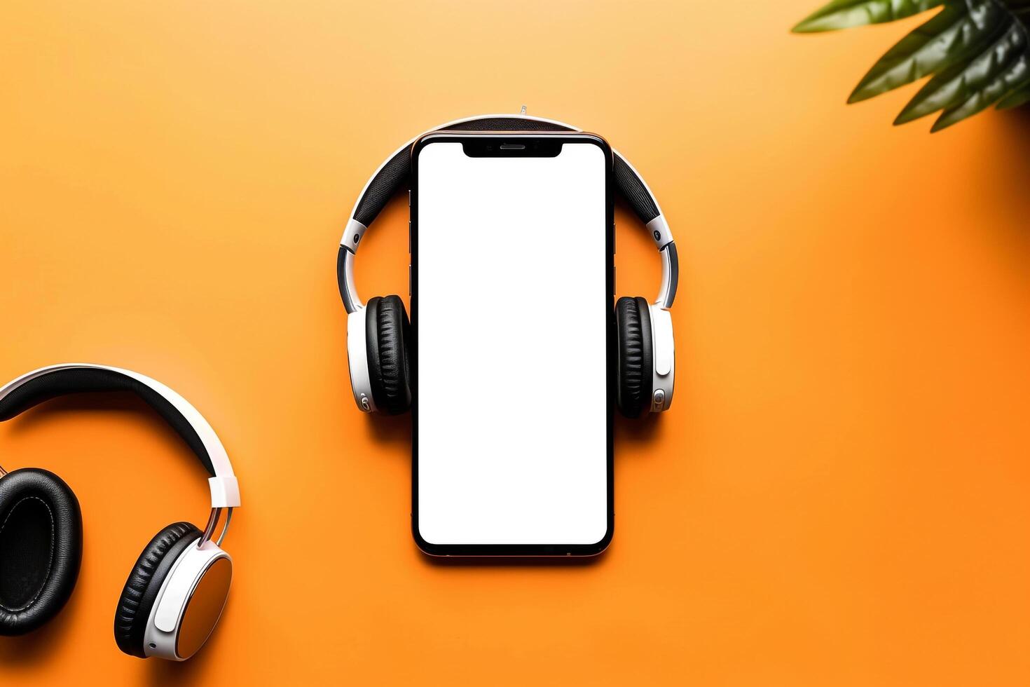Mobile Device Mockup Featuring Headphones and Screen for Remote Work Environments photo