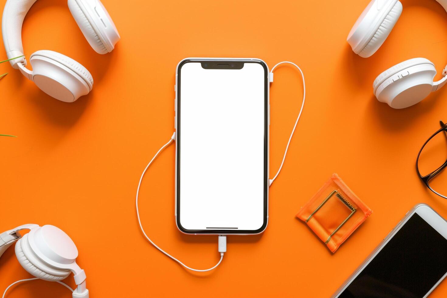 Mobile Device Screen Mockup with Headphones Ideal for Digital Media and Tech Re s photo