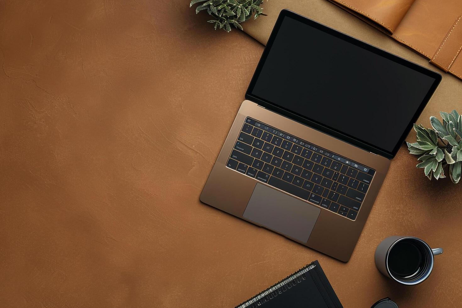 Laptop Mockup Featuring Brown Desk Background for Writers and Content Creators photo