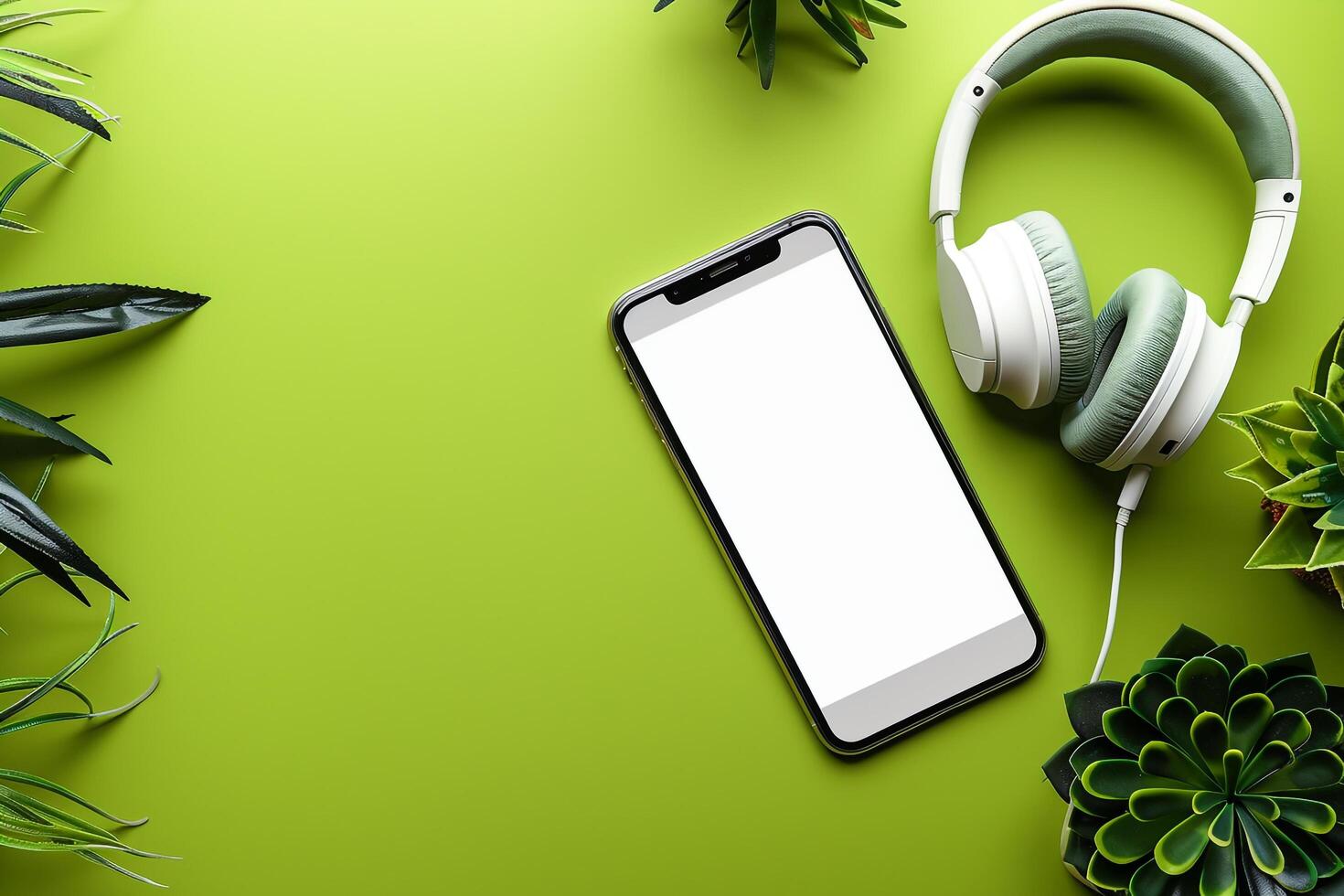 Mobile Device Mockup Screen with Headphones for Digital and Tech Media Presentations photo