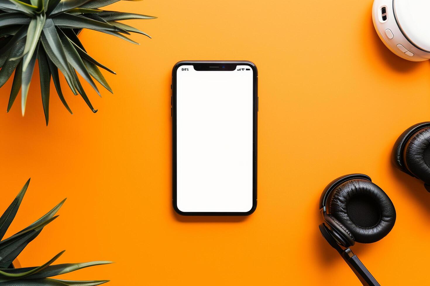 Trendy Mobile Device Mockup with Headphones on a   and Engaging Background photo