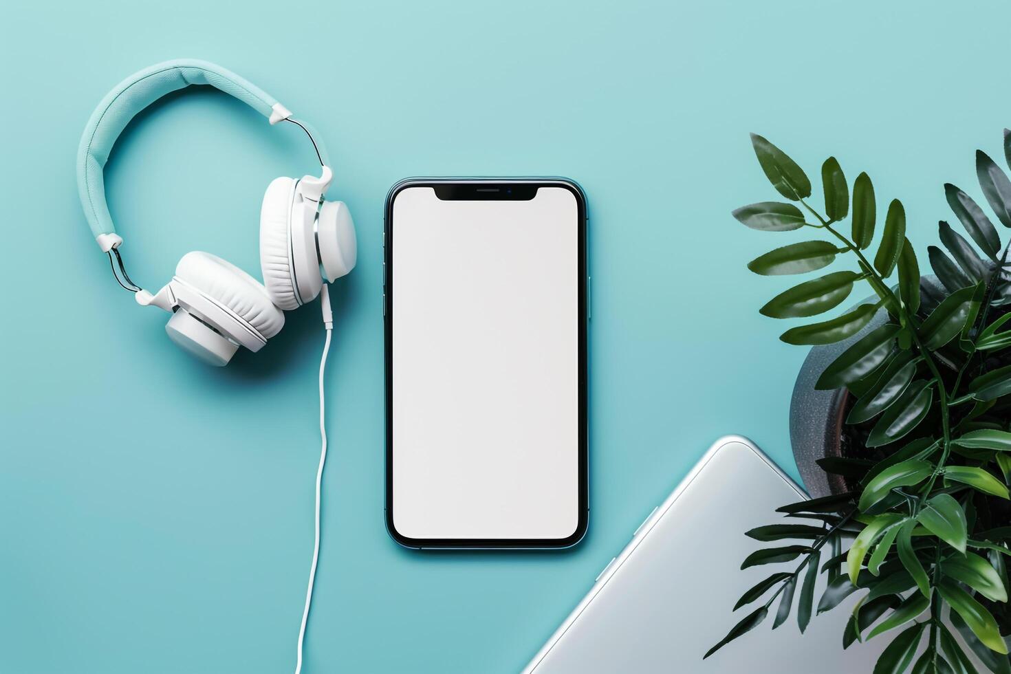 Mobile Device Mockup with Headphones in a Functional Presentation photo