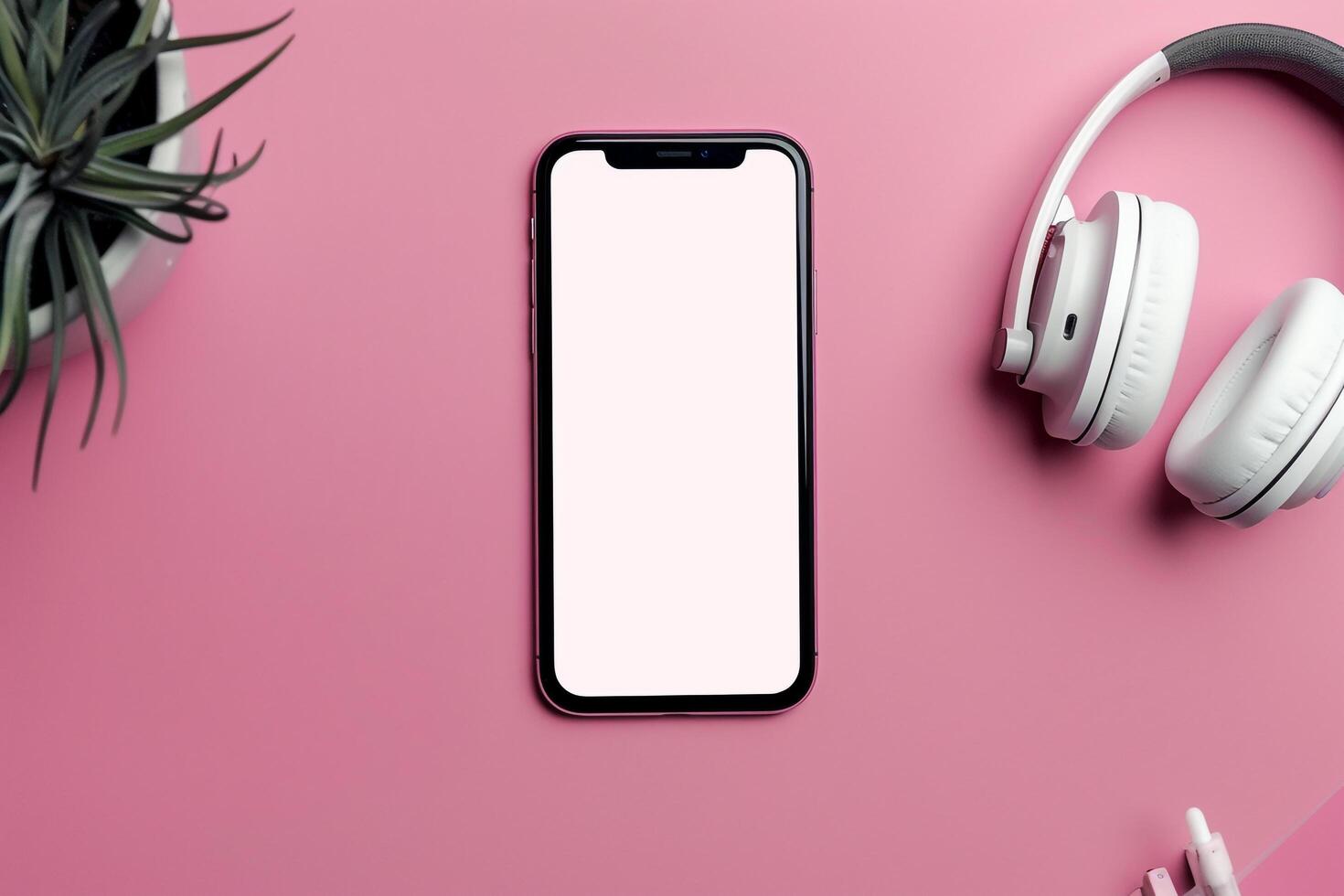 Mobile Phone Mockup Screen with Headphones and High Resolution Display Background photo